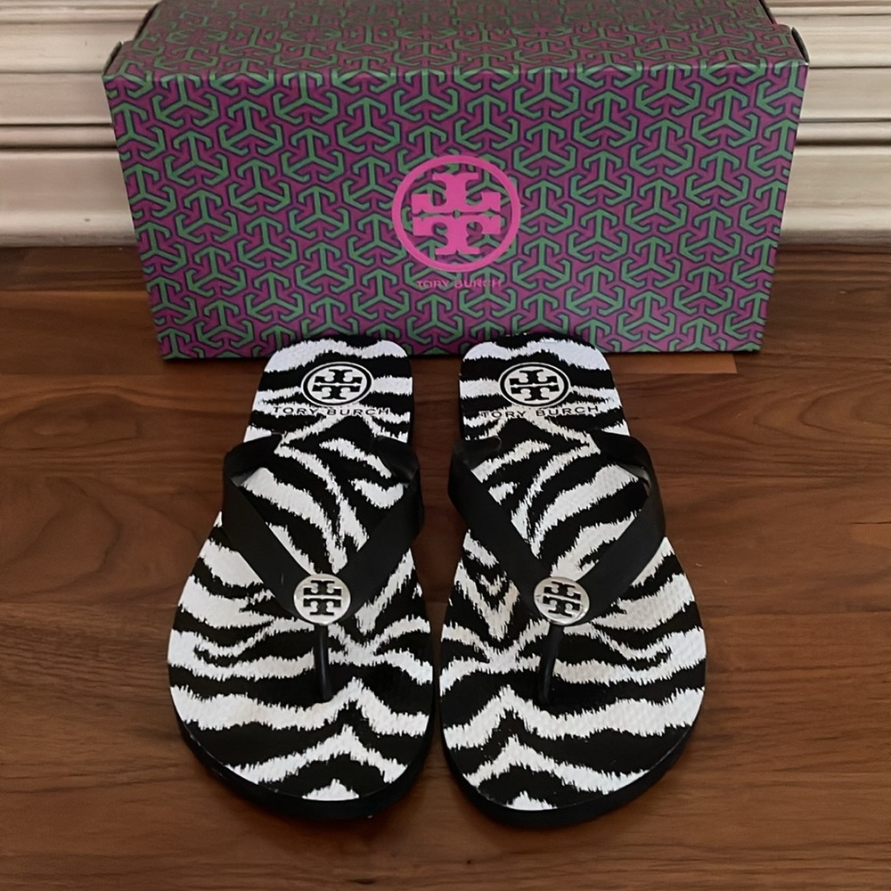 Tory Burch Black/White Zebra Print Flip Flop Sandals PVC/EVA Silver Metal Logo